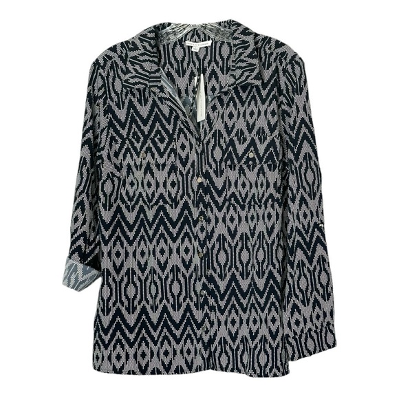 Notations Button Down Shirt Size L NWT Navy Blue Chevron Print Roll Tab Sleeve - Picture 1 of 11